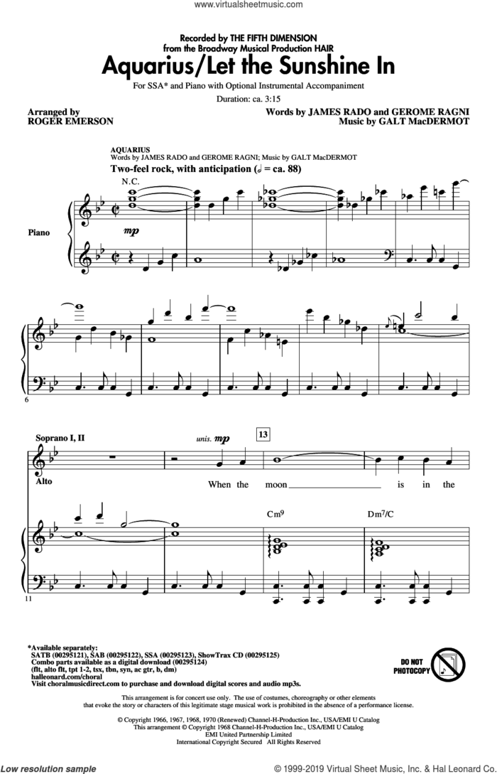 Aquarius / Let the Sunshine In (from the musical Hair) (arr. Roger Emerson) sheet music for choir (SSA: soprano, alto) by Galt MacDermot, Roger Emerson, The Fifth Dimension, Gerome Ragni and James Rado, intermediate skill level