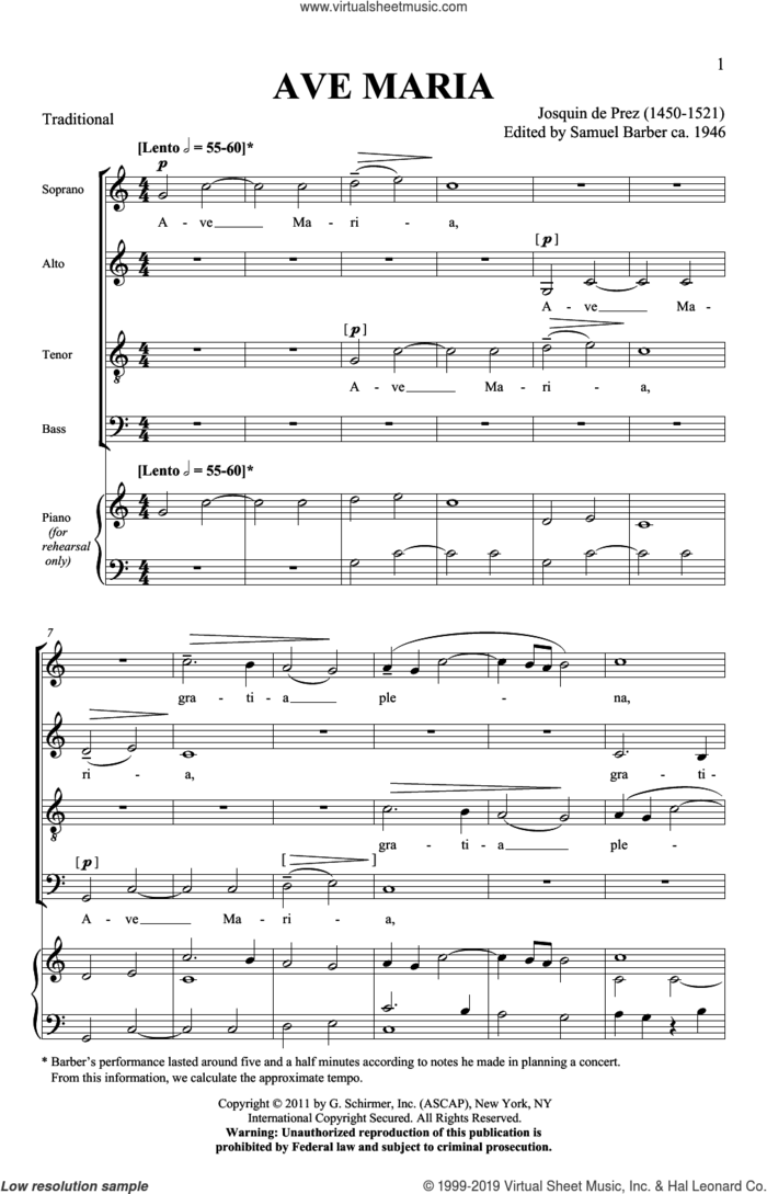 Ave Maria (ed. Samuel Barber) sheet music for choir (SATB: soprano, alto, tenor, bass) by Josquin de Prez and Samuel Barber, classical score, intermediate skill level