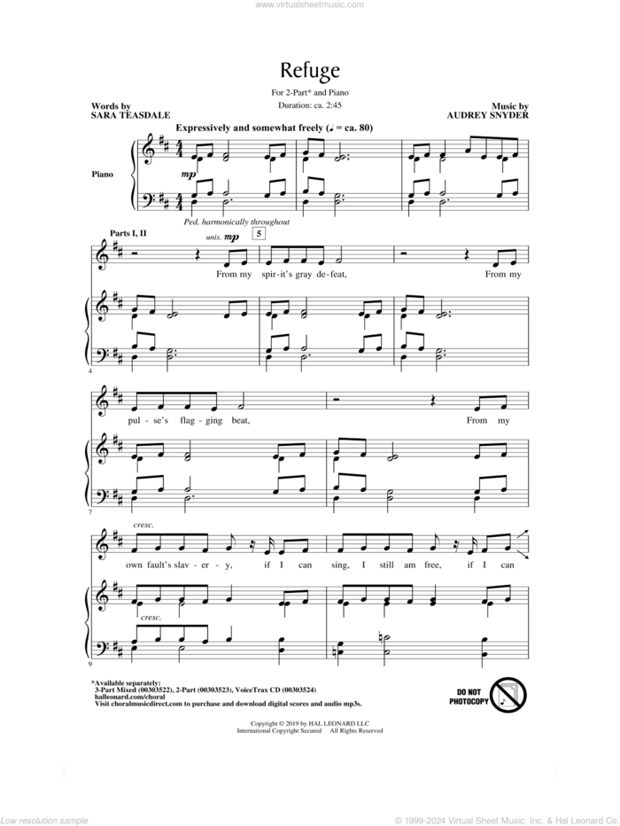 Refuge sheet music for choir (2-Part) by Audrey Snyder and Sara Teasdale, intermediate duet