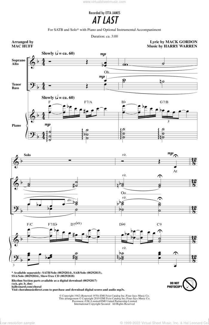 At Last (arr. Mac Huff) sheet music for choir (SATB: soprano, alto, tenor, bass) by Etta James, Mac Huff, Harry Warren and Mack Gordon, intermediate skill level