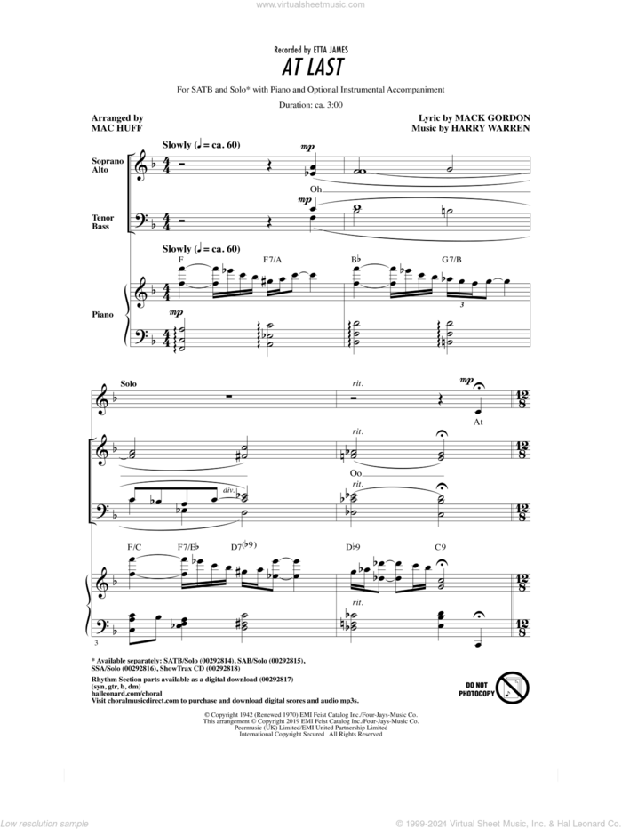 At Last (arr. Mac Huff) sheet music for choir (SATB: soprano, alto, tenor, bass) by Etta James, Mac Huff, Harry Warren and Mack Gordon, intermediate skill level