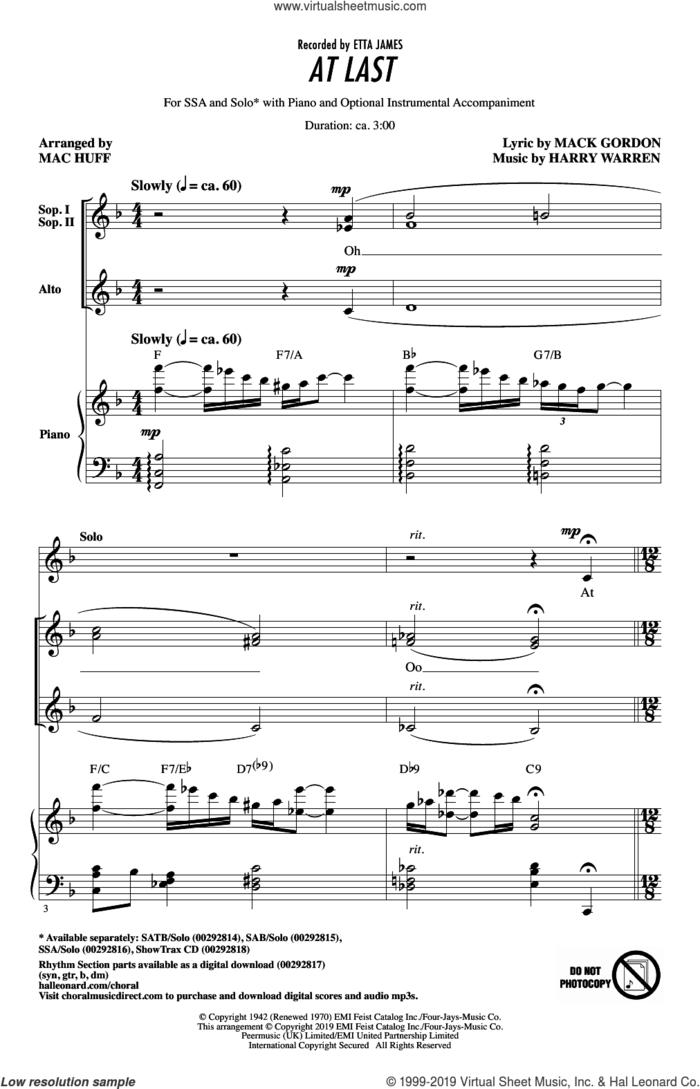 At Last (arr. Mac Huff) sheet music for choir (SSA: soprano, alto) by Etta James, Mac Huff, Harry Warren and Mack Gordon, intermediate skill level
