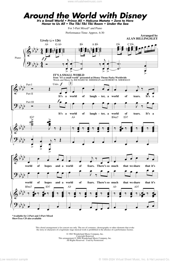 Around The World With Disney (Medley) sheet music for choir (3-Part Mixed) by Alan Menken, Alan Billingsley, David Zippel, Elton John, Howard Ashman, Matthew Wilder, Richard M. Sherman, Robert B. Sherman and Tim Rice, intermediate skill level