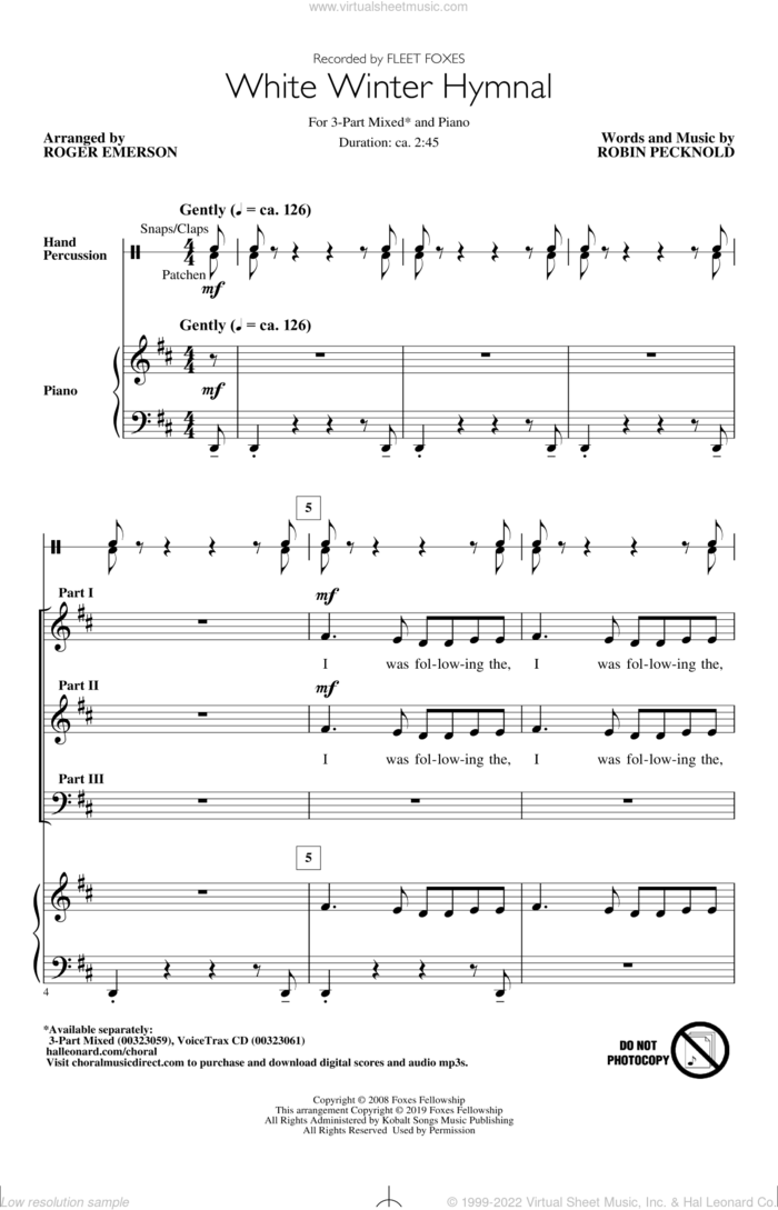 White Winter Hymnal (arr. Roger Emerson) sheet music for choir (3-Part Mixed) by Fleet Foxes, Roger Emerson and Robin Pecknold, intermediate skill level