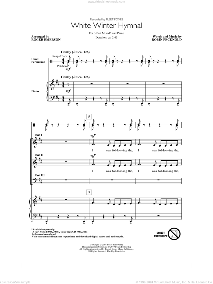 White Winter Hymnal (arr. Roger Emerson) sheet music for choir (3-Part Mixed) by Fleet Foxes, Roger Emerson and Robin Pecknold, intermediate skill level