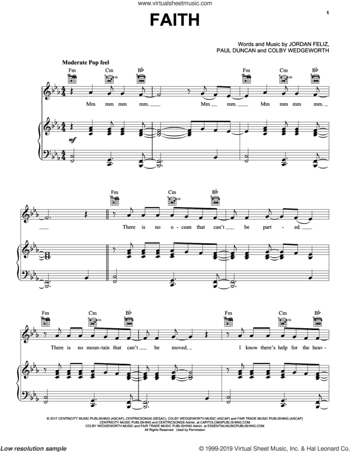 Faith sheet music for voice, piano or guitar by Jordan Feliz, Colby Wedgeworth and Paul Duncan, intermediate skill level