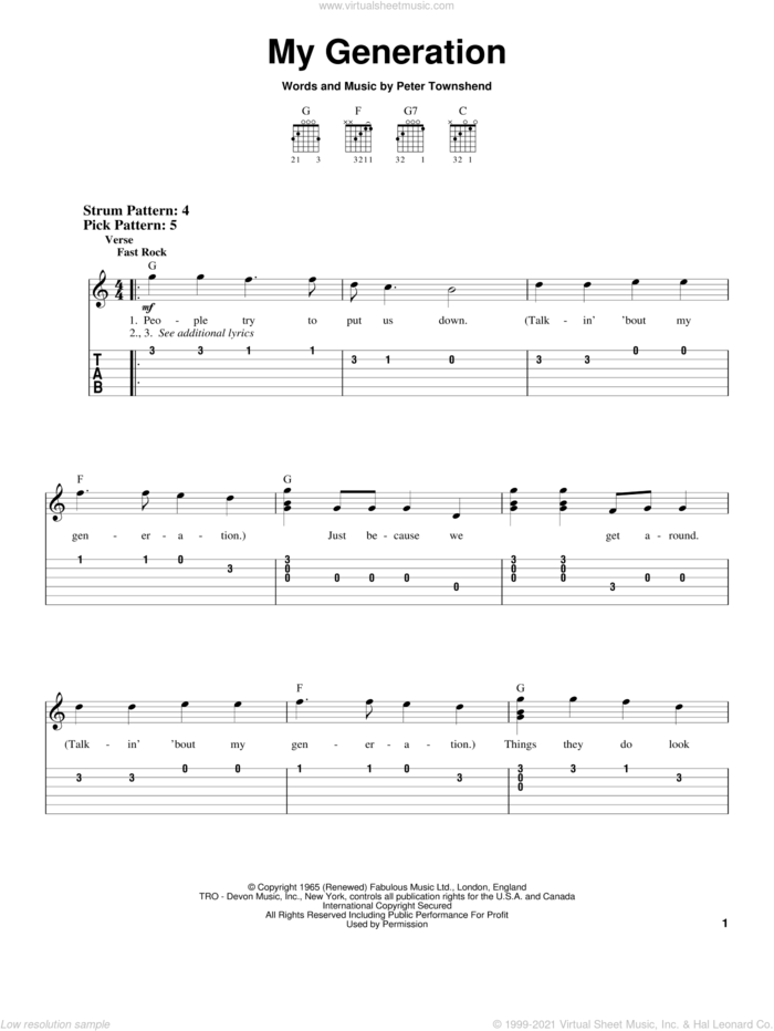 My Generation sheet music for guitar solo (chords) by The Who and Pete Townshend, easy guitar (chords)