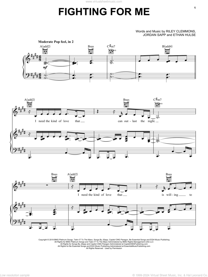 Fighting For Me sheet music for voice, piano or guitar by Riley Clemmons, Ethan Hulse and Jordan Sapp, intermediate skill level