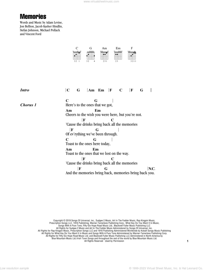 Memories sheet music for guitar (chords) by Maroon 5, Adam Levine, Jacob Kasher Hindlin, Jon Bellion, Michael Pollack, Stefan Johnson and Vincent Ford, intermediate skill level