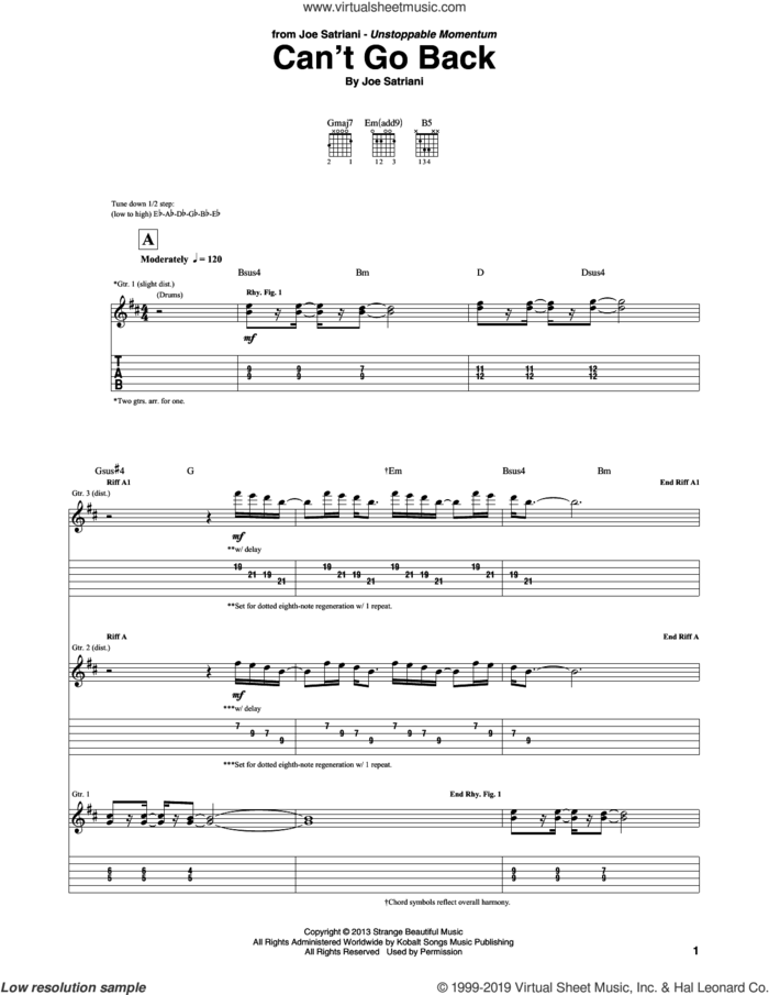 Can't Go Back sheet music for guitar (tablature) by Joe Satriani, intermediate skill level