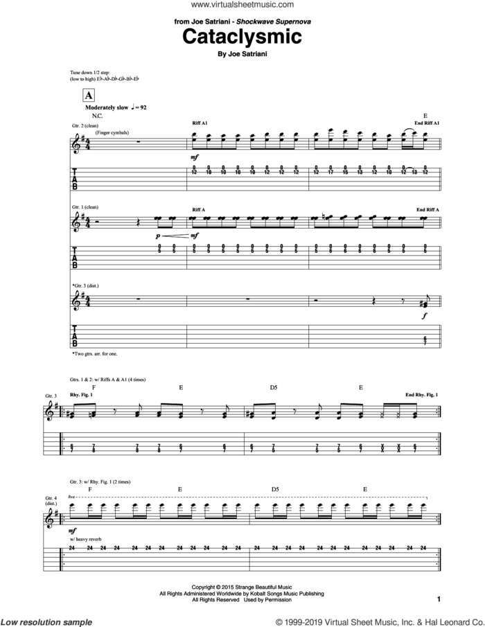 Cataclysmic sheet music for guitar (tablature) by Joe Satriani, intermediate skill level