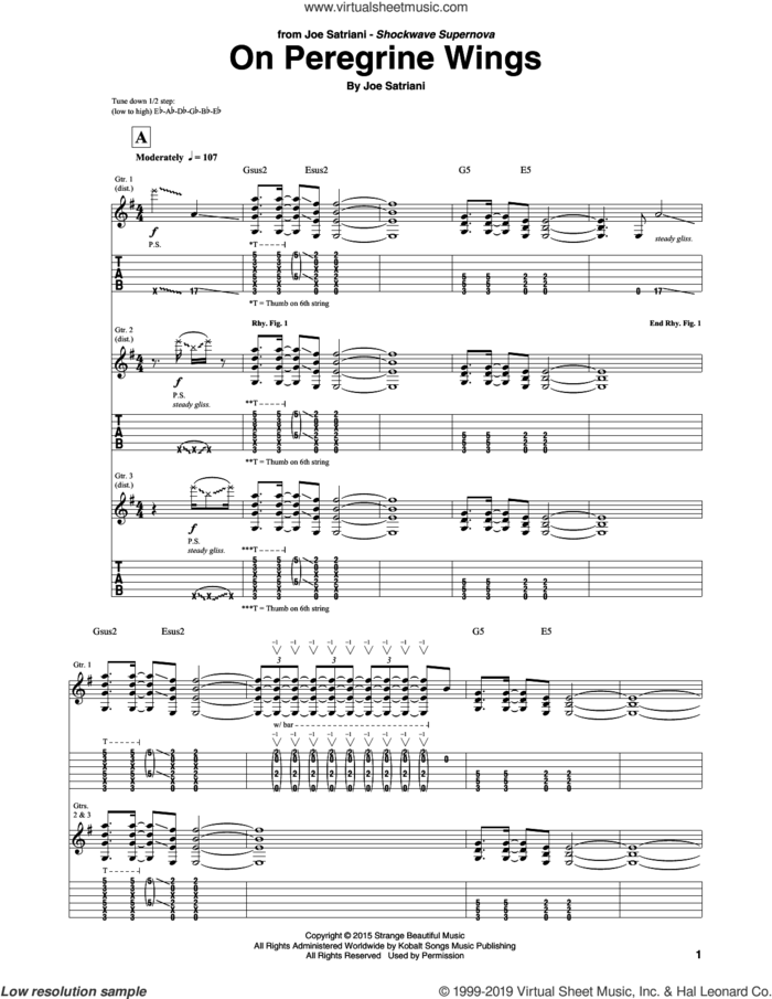 On Peregrine Wings sheet music for guitar (tablature) by Joe Satriani, intermediate skill level