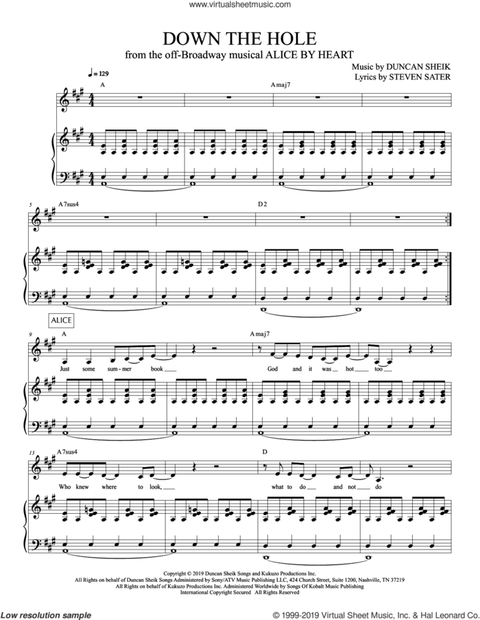 Down The Hole (from Alice By Heart) sheet music for voice and piano by Duncan Sheik, Duncan Sheik and Steven Sater and Steven Sater, intermediate skill level