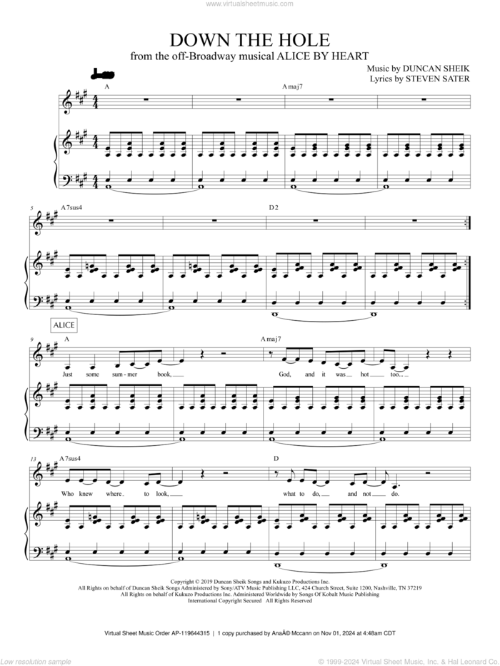 Down The Hole (from Alice By Heart) sheet music for voice and piano by Duncan Sheik, Duncan Sheik and Steven Sater and Steven Sater, intermediate skill level