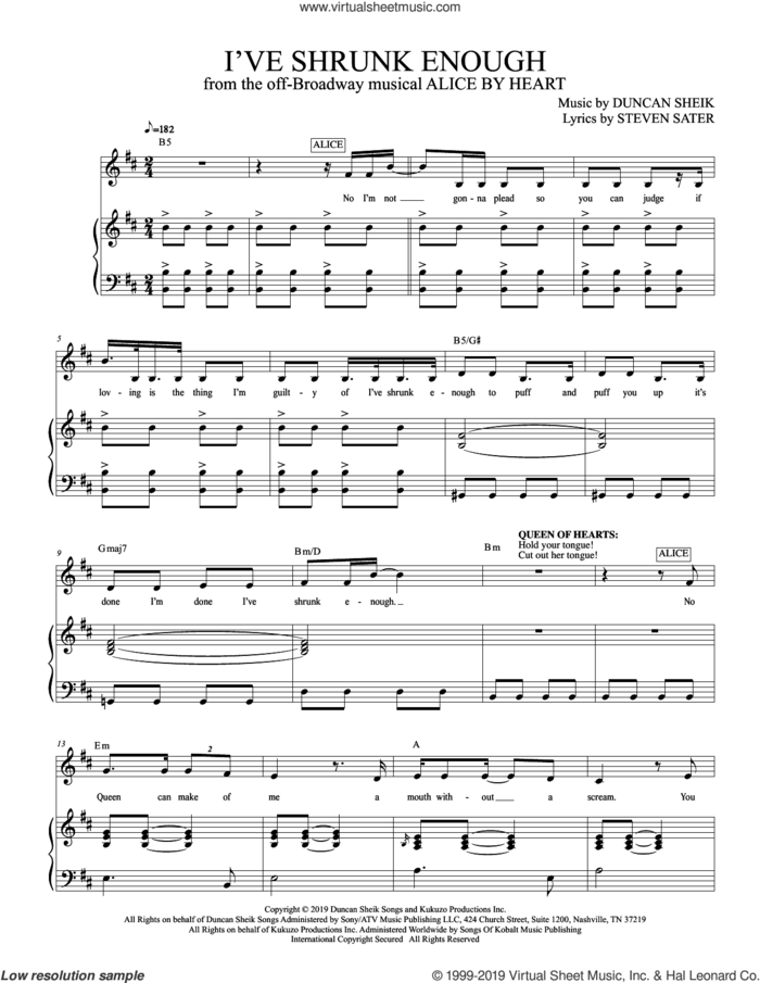 I've Shrunk Enough (from Alice By Heart) sheet music for voice and piano by Duncan Sheik, Duncan Sheik and Steven Sater and Steven Sater, intermediate skill level