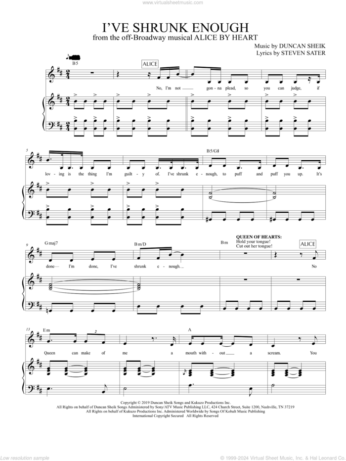 I've Shrunk Enough (from Alice By Heart) sheet music for voice and piano by Duncan Sheik, Duncan Sheik and Steven Sater and Steven Sater, intermediate skill level