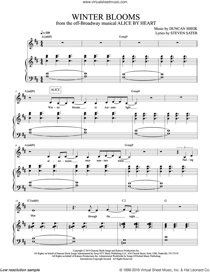 Winter Blooms (from Alice By Heart) sheet music for voice and piano by Duncan Sheik, Duncan Sheik and Steven Sater and Steven Sater, intermediate skill level