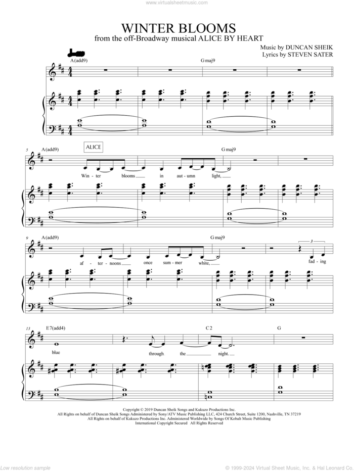 Winter Blooms (from Alice By Heart) sheet music for voice and piano by Duncan Sheik, Duncan Sheik and Steven Sater and Steven Sater, intermediate skill level