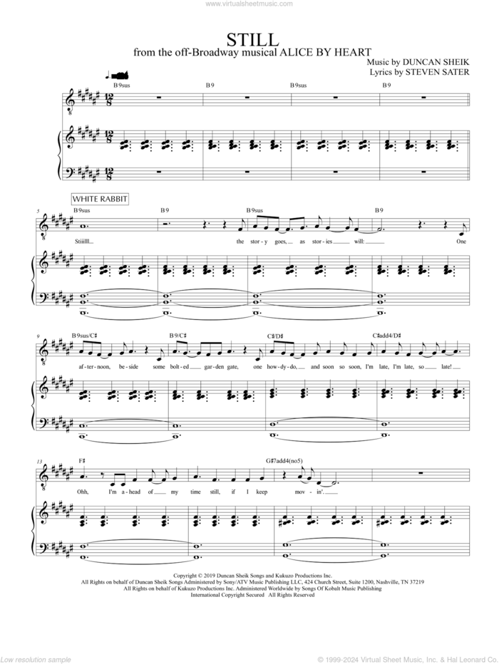 Still (from Alice By Heart) sheet music for voice and piano by Duncan Sheik, Duncan Sheik and Steven Sater and Steven Sater, intermediate skill level