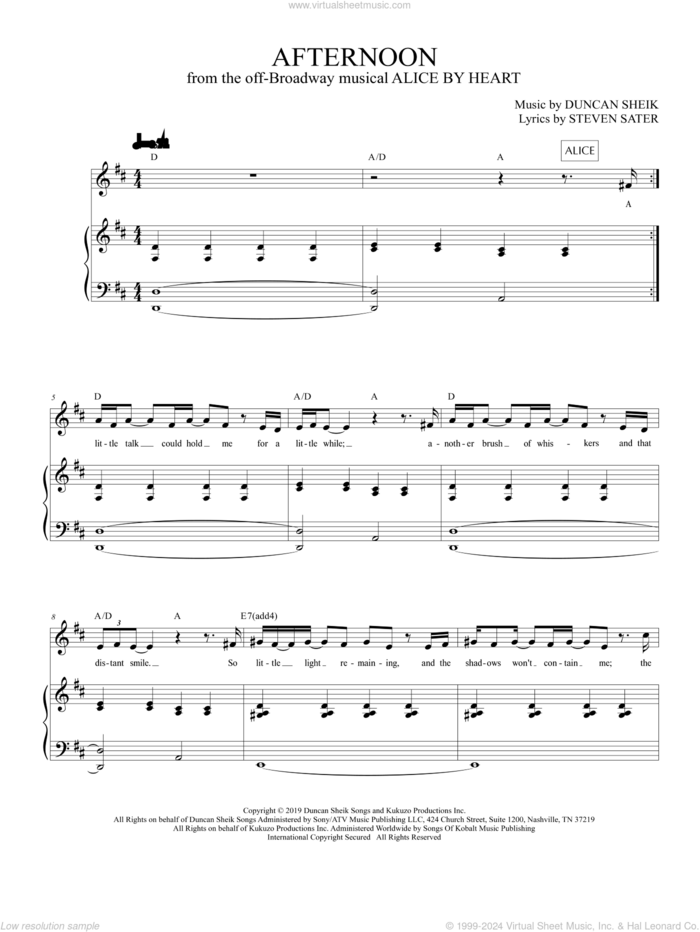 Afternoon (from Alice By Heart) sheet music for voice and piano by Duncan Sheik, Duncan Sheik and Steven Sater and Steven Sater, intermediate skill level