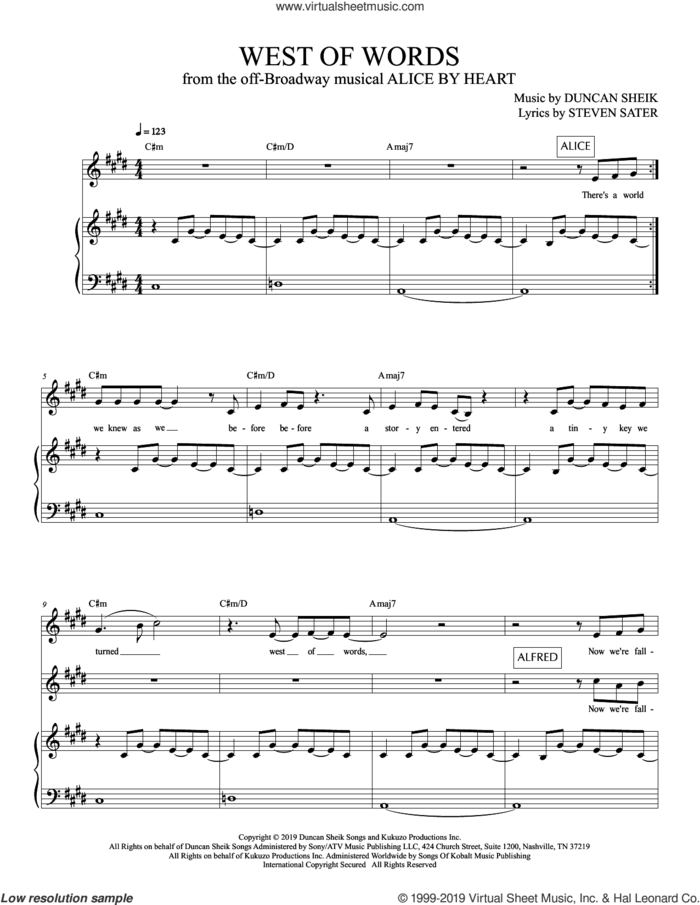 West Of Words (from Alice By Heart) sheet music for voice and piano by Duncan Sheik, Duncan Sheik and Steven Sater and Steven Sater, intermediate skill level
