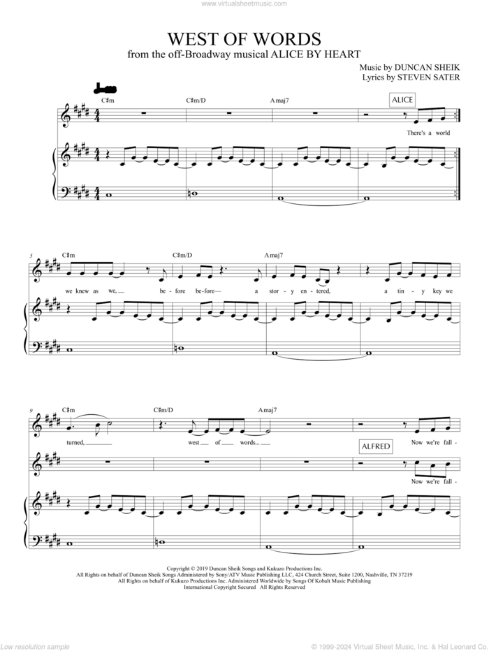 West Of Words (from Alice By Heart) sheet music for voice and piano by Duncan Sheik, Duncan Sheik and Steven Sater and Steven Sater, intermediate skill level