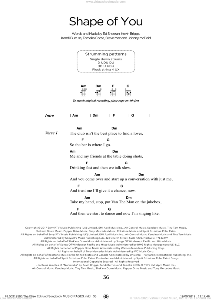 Shape Of You (arr. Elise Ecklund) sheet music for ukulele (chords) by Ed Sheeran, Elise Ecklund, Johnny McDaid, Kandi Burruss, Kevin Briggs, Steve Mac and Tameka Cottle, intermediate skill level
