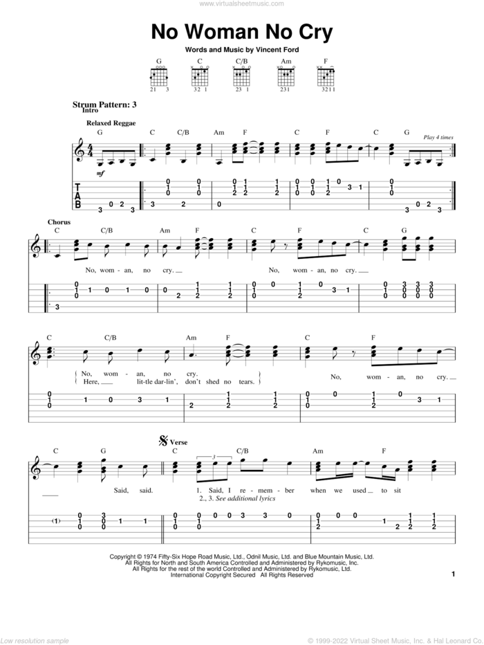 No Woman No Cry sheet music for guitar solo (chords) by Bob Marley and Vincent Ford, easy guitar (chords)