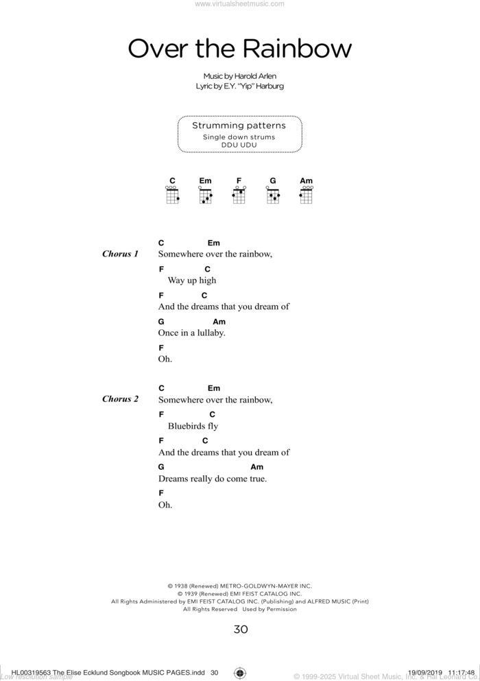 Over The Rainbow (arr. Elise Ecklund) sheet music for ukulele (chords) by Harold Arlen, Elise Ecklund and E.Y. Harburg, intermediate skill level