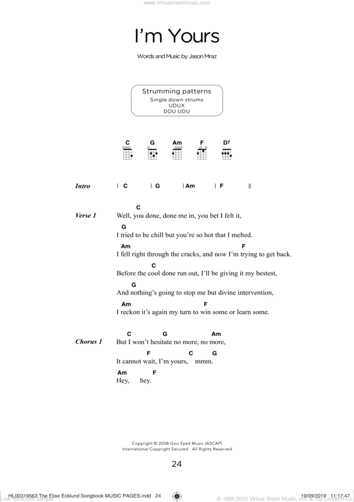 I'm Yours (arr. Elise Ecklund) sheet music for ukulele (chords) by Jason Mraz and Elise Ecklund, wedding score, intermediate skill level