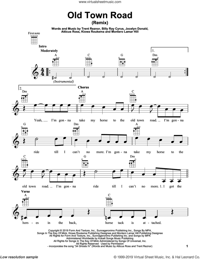 Old Town Road (Remix) sheet music for ukulele by Lil Nas X feat. Billy Ray Cyrus, Atticus Ross, Billy Ray Cyrus, Jocelyn Donald, Kiowa Roukema, Montero Lamar Hill and Trent Reznor, intermediate skill level