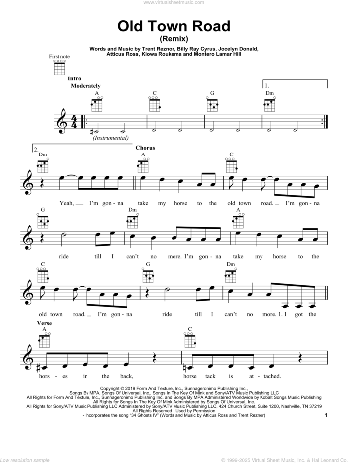 Old Town Road (Remix) sheet music for ukulele by Lil Nas X feat. Billy Ray Cyrus, Atticus Ross, Billy Ray Cyrus, Jocelyn Donald, Kiowa Roukema, Montero Lamar Hill and Trent Reznor, intermediate skill level