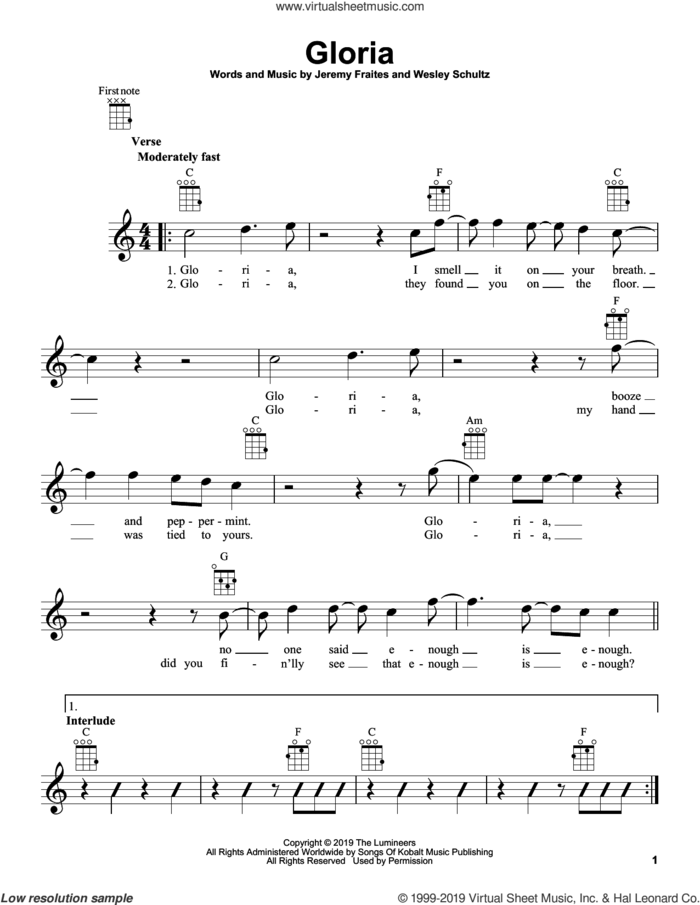 Gloria sheet music for ukulele by The Lumineers, Jeremy Fraites and Wesley Schultz, intermediate skill level