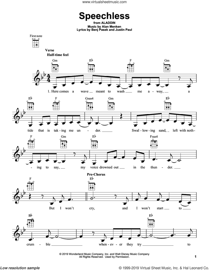 Speechless (from Disney's Aladdin) sheet music for ukulele by Naomi Scott, Alan Menken, Benj Pasek and Justin Paul, intermediate skill level