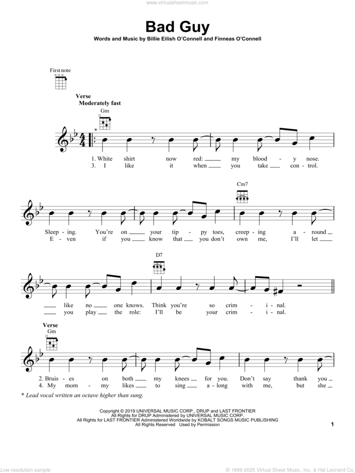 bad guy sheet music for ukulele by Billie Eilish, intermediate skill level