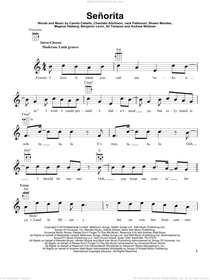 Senorita sheet music for ukulele by Shawn Mendes and Camila Cabello, Ali Tamposi, Andrew Wotman, Benjamin Levin, Camila Cabello, Charlotte Aitchison, Jack Patterson, Magnus Hoiberg and Shawn Mendes, intermediate skill level