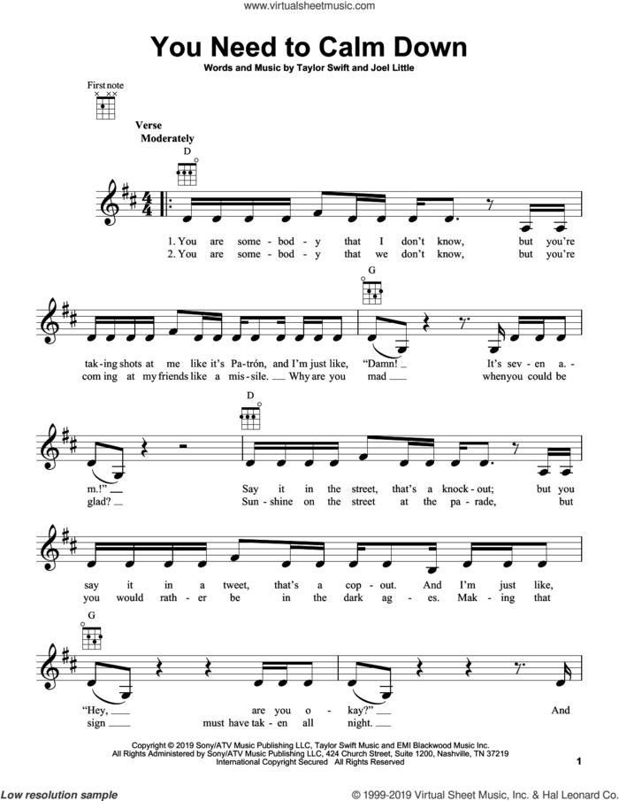 You Need To Calm Down sheet music for ukulele by Taylor Swift and Joel Little, intermediate skill level