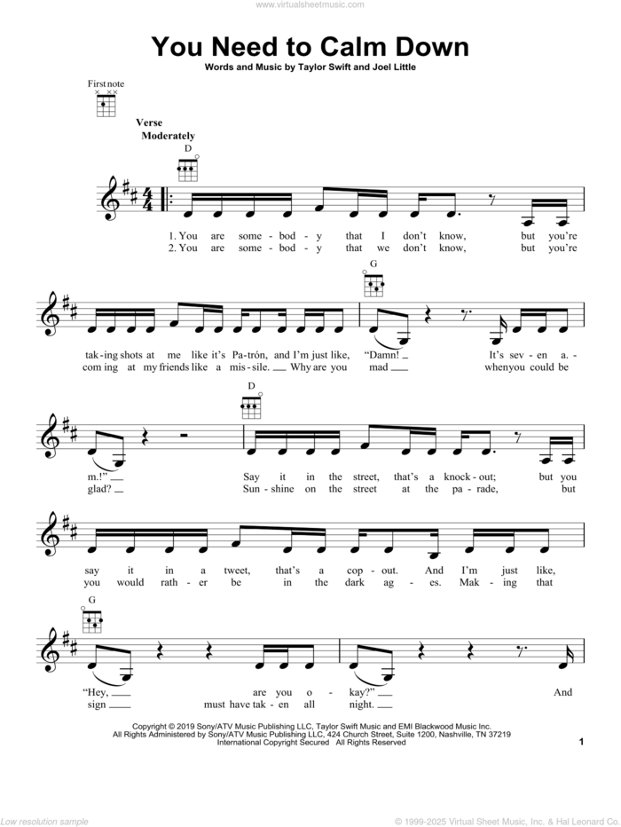 You Need To Calm Down sheet music for ukulele by Taylor Swift and Joel Little, intermediate skill level