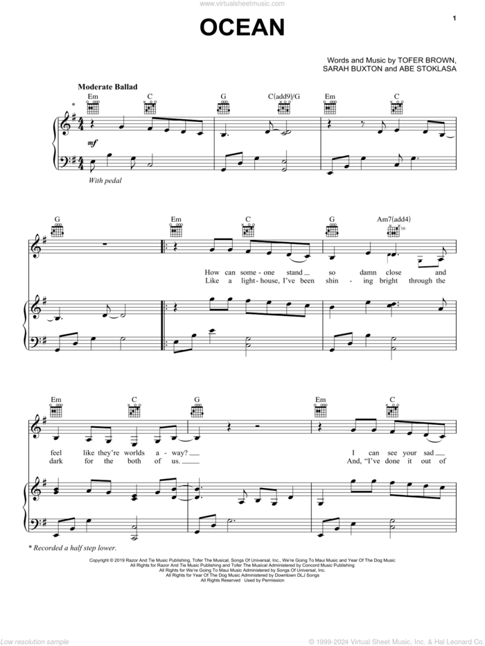 Ocean sheet music for voice, piano or guitar by Lady Antebellum, Lady A, Abe Stoklasa, Sarah Buxton and Tofer Brown, intermediate skill level
