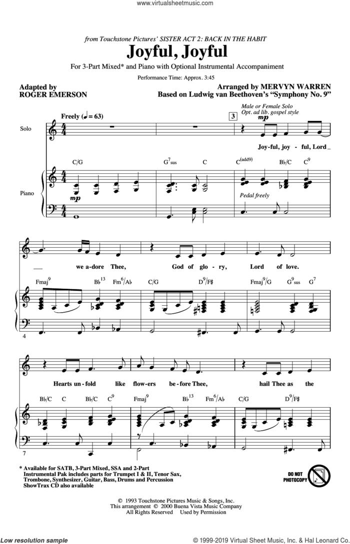 Joyful, Joyful (from Sister Act 2) (arr. Roger Emerson) sheet music for choir (3-Part Mixed) by Mervyn Warren, Roger Emerson and Ludwig van Beethoven, intermediate skill level