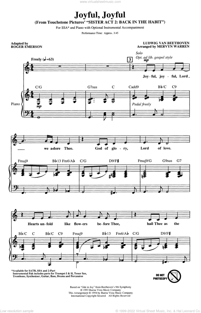 Joyful, Joyful (from Sister Act 2) (arr. Roger Emerson) sheet music for choir (SSA: soprano, alto) by Mervyn Warren, Roger Emerson and Ludwig van Beethoven, intermediate skill level