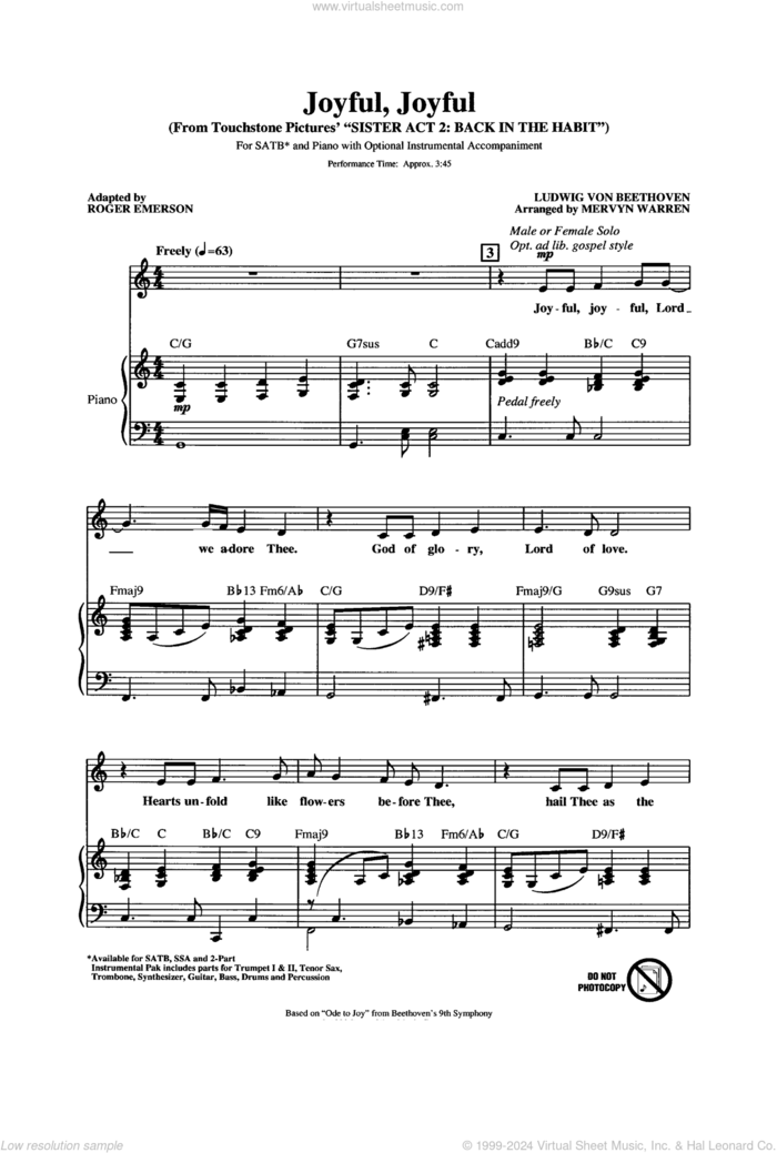 Joyful, Joyful (from Sister Act 2) (arr. Roger Emerson) sheet music for choir (SATB: soprano, alto, tenor, bass) by Mervyn Warren, Roger Emerson and Ludwig van Beethoven, intermediate skill level