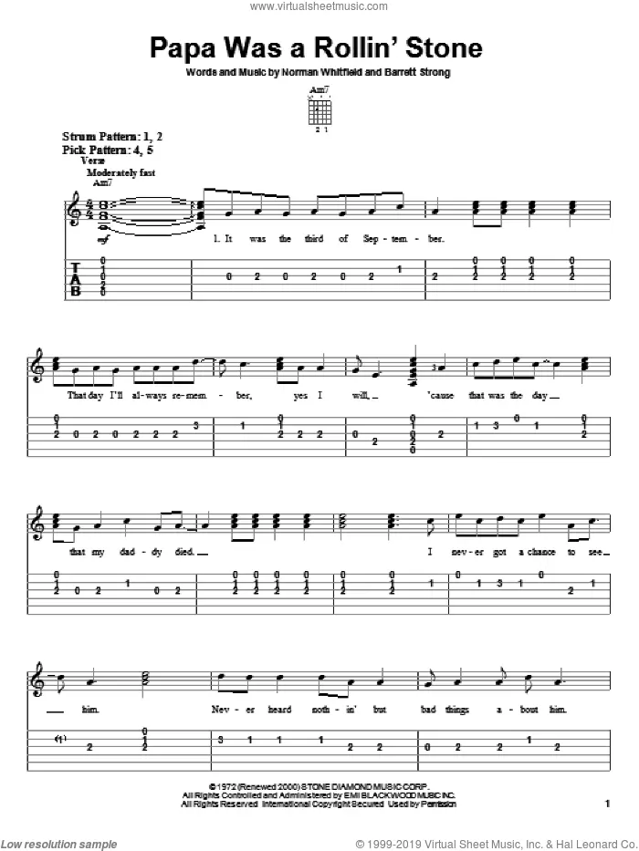 Papa Was A Rollin' Stone sheet music for guitar solo (chords) by The Temptations, George Michael, Barrett Strong and Norman Whitfield, easy guitar (chords)