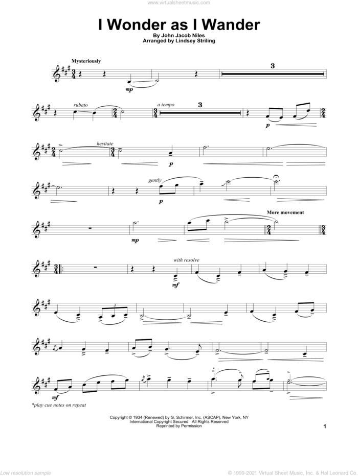 I Wonder As I Wander sheet music for violin solo by Lindsey Stirling and John Jacob Niles, classical score, intermediate skill level
