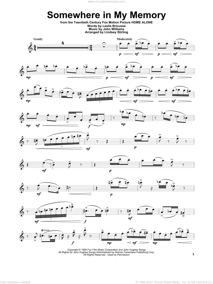 Somewhere In My Memory (from Home Alone) sheet music for violin solo by Lindsey Stirling, John Williams and Leslie Bricusse, intermediate skill level