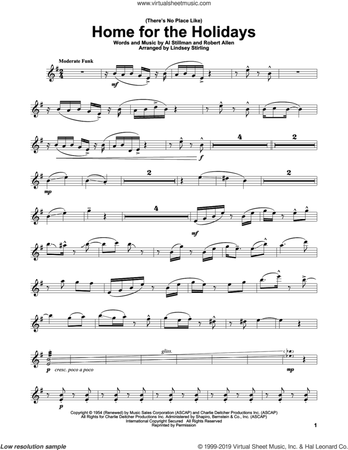 (There's No Place Like) Home For The Holidays sheet music for violin solo by Lindsey Stirling, Al Stillman and Robert Allen, intermediate skill level