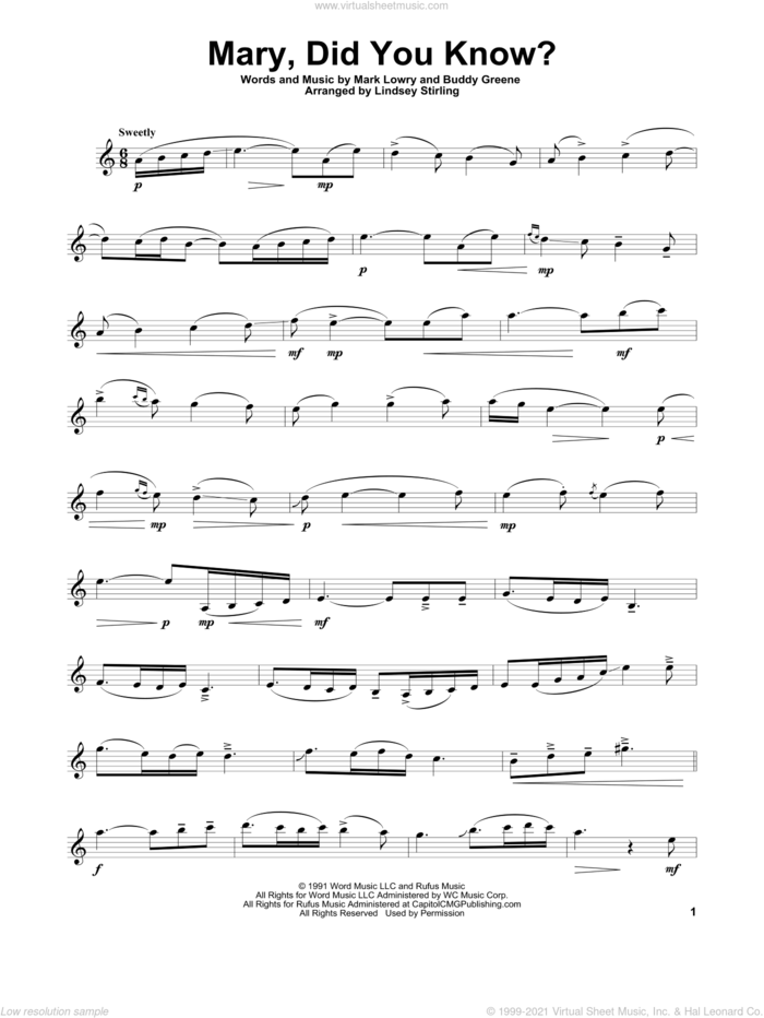 Mary, Did You Know? sheet music for violin solo by Lindsey Stirling, Buddy Greene and Mark Lowry, intermediate skill level