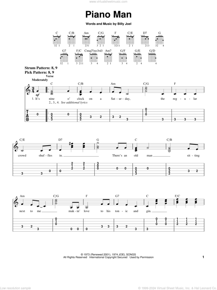 Piano Man sheet music for guitar solo (chords) by Billy Joel, easy guitar (chords)