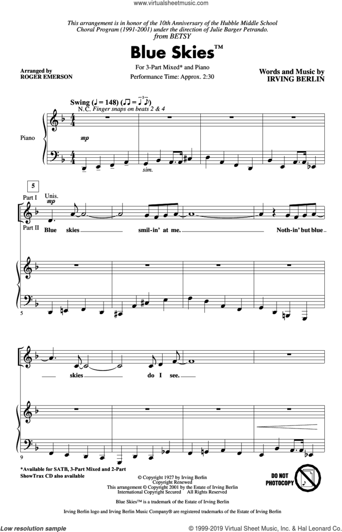 Blue Skies (arr. Roger Emerson) sheet music for choir (3-Part Mixed) by Irving Berlin and Roger Emerson, intermediate skill level