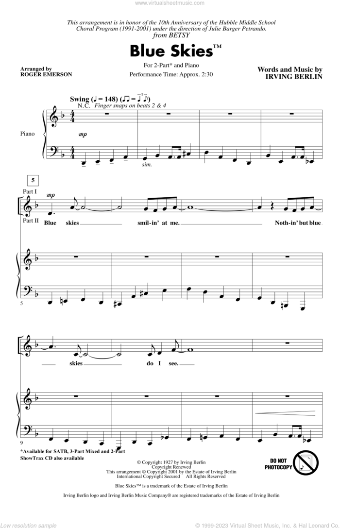 Blue Skies (arr. Roger Emerson) sheet music for choir (2-Part) by Irving Berlin and Roger Emerson, intermediate duet